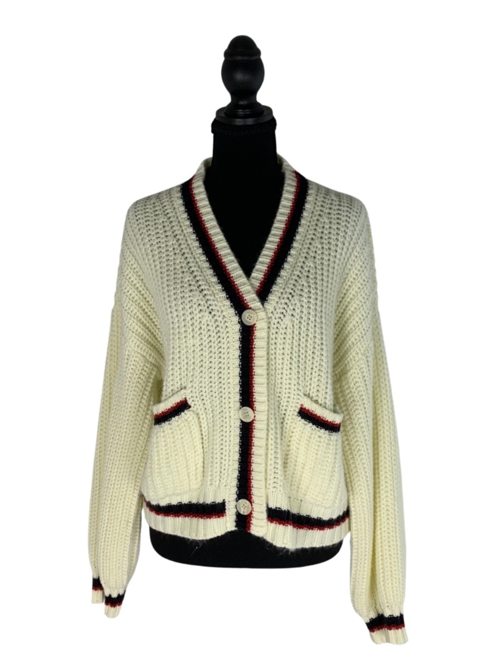 Cider Cream Knit Cardigan with Black and Red Trim Women's M Preppy Collegiate